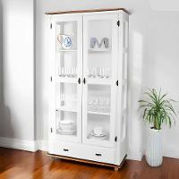 Cristaleira De Madeira Maciça 2 Portas 1 Gaveta 3 Prateleiras Pés Torneados - Branco Laca Com Tampo E Base Imbuia Glazer - 1