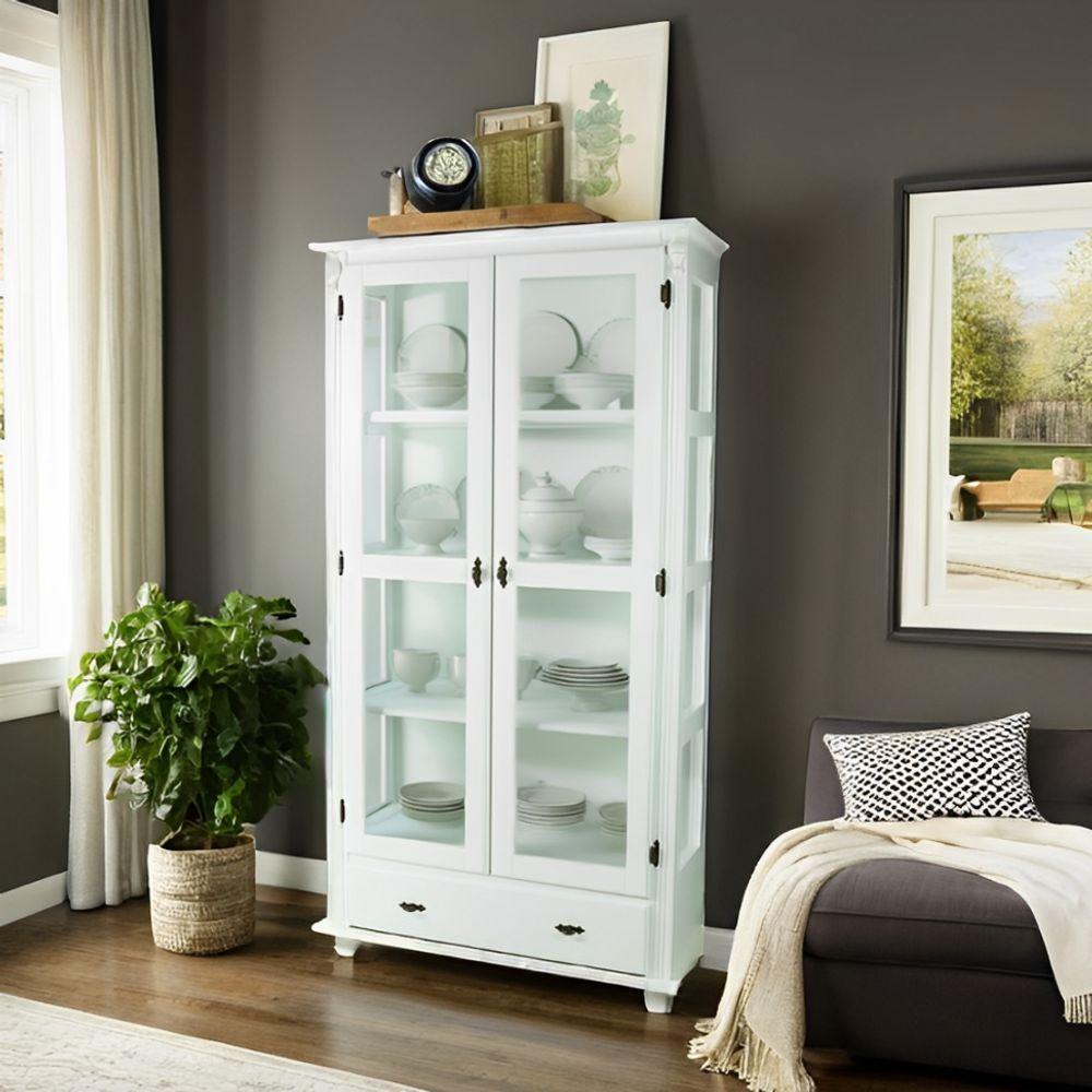 Cristaleira De Madeira Maciça 2 Portas 1 Gaveta 3 Prateleiras Pés Torneados - Branco Laca - 1