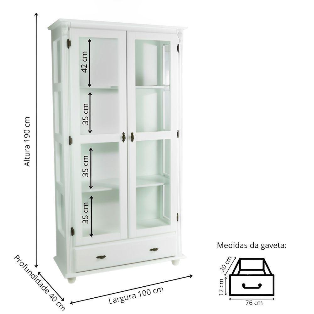 Cristaleira De Madeira Maciça 2 Portas 1 Gaveta 3 Prateleiras Pés Torneados - Branco Laca - 4