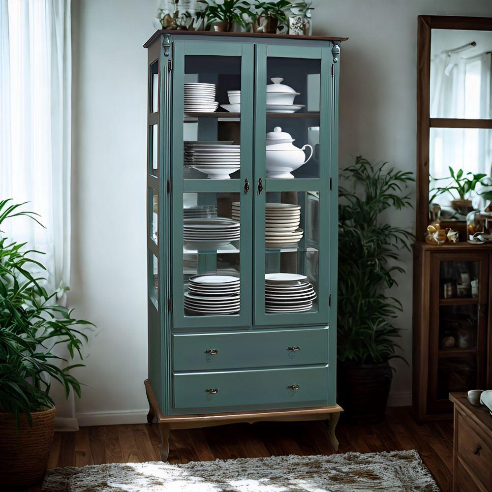 Cristaleira De Madeira Espelho 2 Portas 3 Prateleiras 2 Gavetas Pés Luiz Xv - Verde Kalle Laca Com Tampo E Base Imbuia - 1