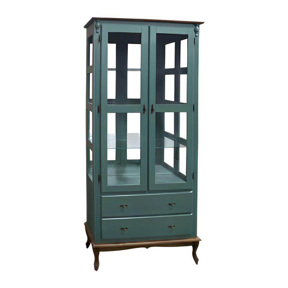 Cristaleira De Madeira Espelho 2 Portas 3 Prateleiras 2 Gavetas Pés Luiz Xv - Verde Kalle Laca Com Tampo E Base Imbuia - 2