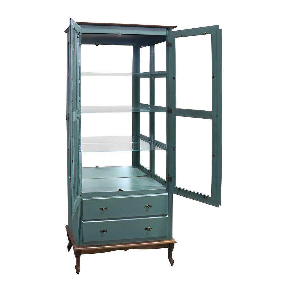 Cristaleira De Madeira Espelho 2 Portas 3 Prateleiras 2 Gavetas Pés Luiz Xv - Verde Kalle Laca Com Tampo E Base Imbuia - 3