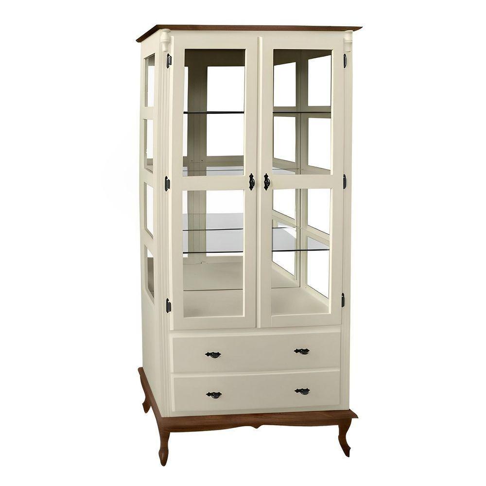 Cristaleira De Madeira Espelho 2 Portas 3 Prateleiras 2 Gavetas Pés Luiz Xv - Nude Laca Com Tampo E Base Imbuia Glazer - 2