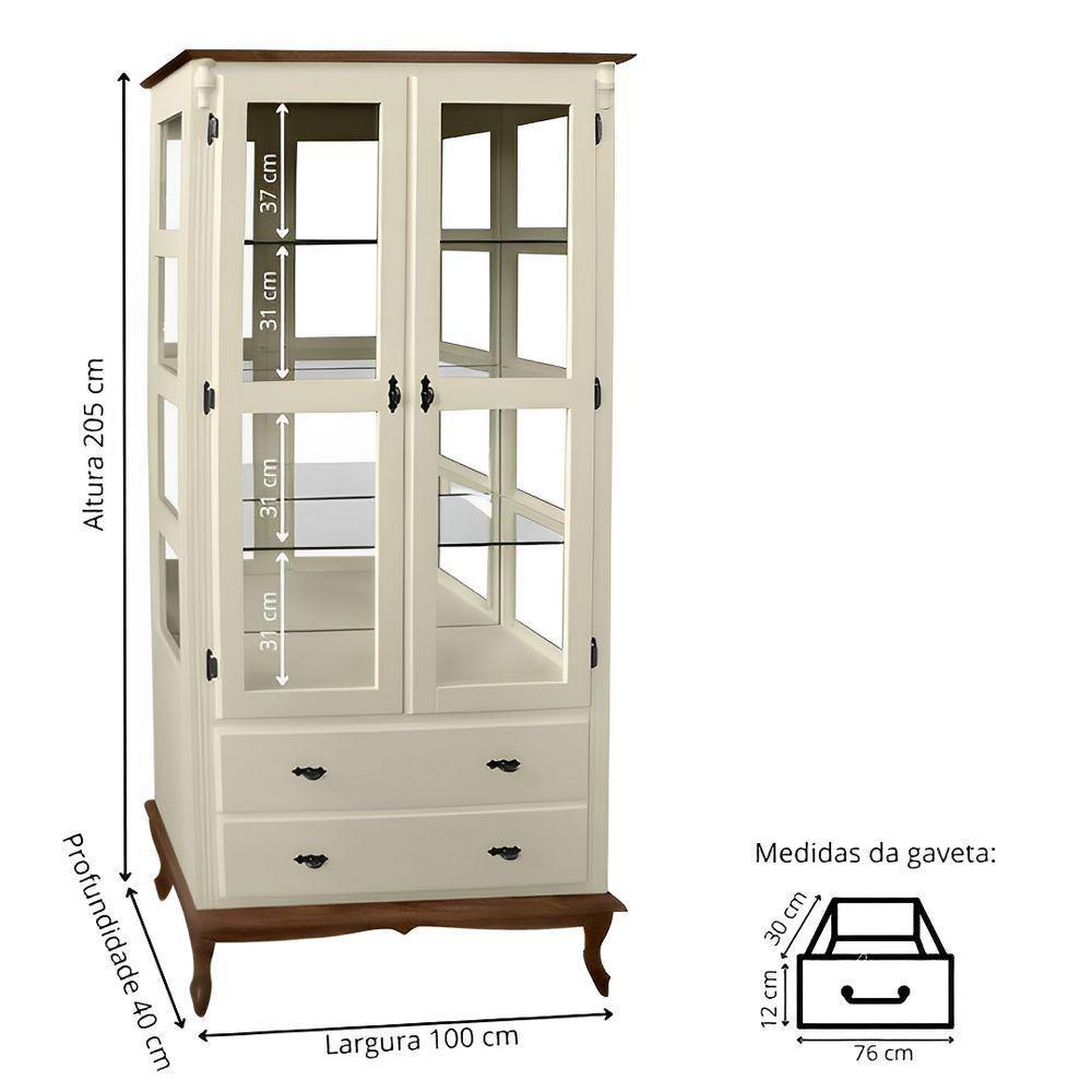 Cristaleira De Madeira Espelho 2 Portas 3 Prateleiras 2 Gavetas Pés Luiz Xv - Nude Laca Com Tampo E Base Imbuia Glazer - 4