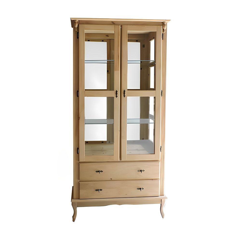 Cristaleira De Madeira Espelho 2 Portas 3 Prateleiras 2 Gavetas Pés Luiz Xv - Cera (madeira Bruta) - 2