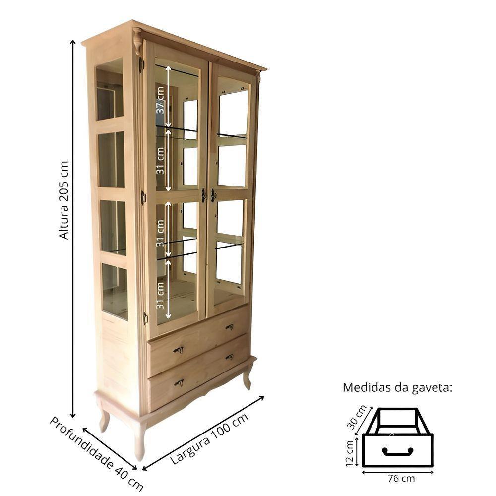 Cristaleira De Madeira Espelho 2 Portas 3 Prateleiras 2 Gavetas Pés Luiz Xv - Cera (madeira Bruta) - 4