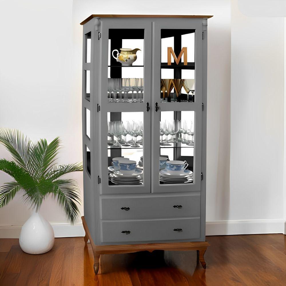 Cristaleira De Madeira Espelho 2 Portas 3 Prateleiras 2 Gavetas Pés Luiz Xv - Cinza Laca Com Tampos E Base Imbuia Glazer - 1