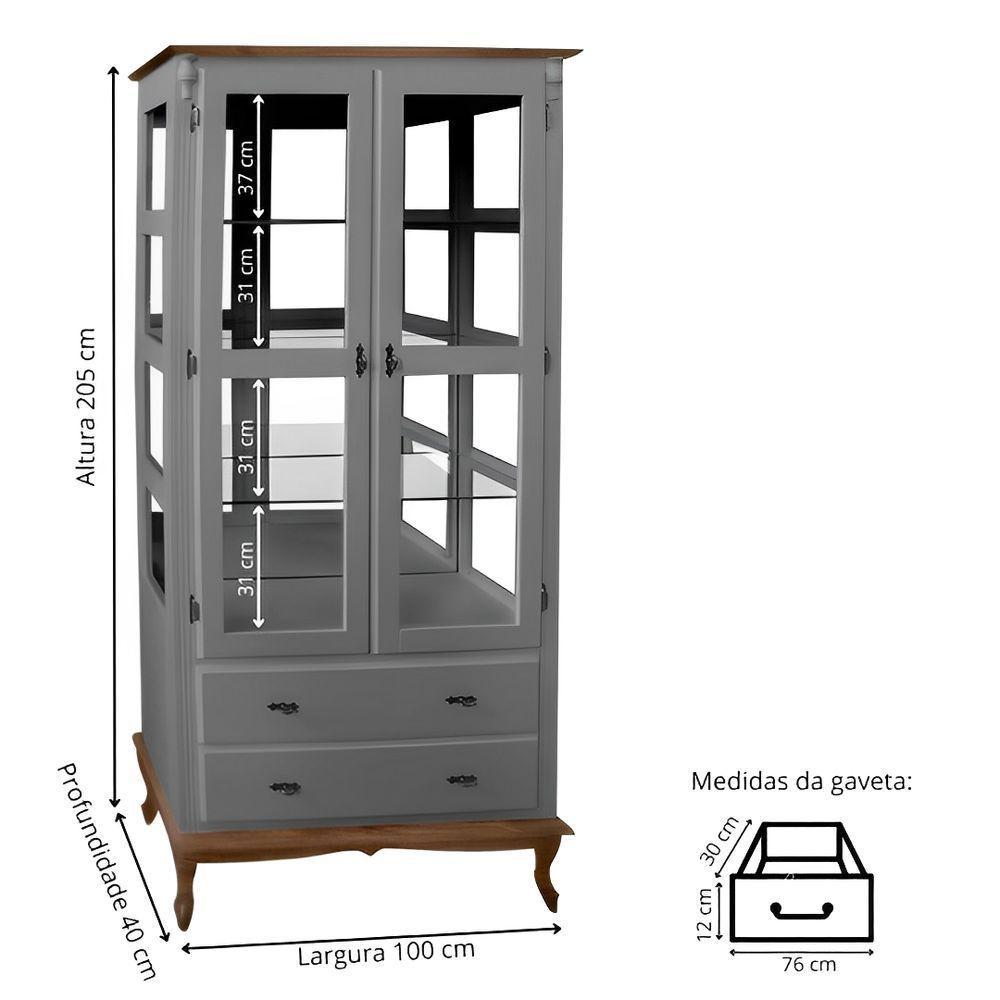 Cristaleira De Madeira Espelho 2 Portas 3 Prateleiras 2 Gavetas Pés Luiz Xv - Cinza Laca Com Tampos E Base Imbuia Glazer - 4