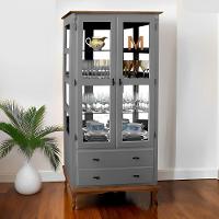 Cristaleira De Madeira Espelho 2 Portas 3 Prateleiras 2 Gavetas Pés Luiz Xv - Cinza Laca Com Tampos E Base Imbuia Glazer - 1