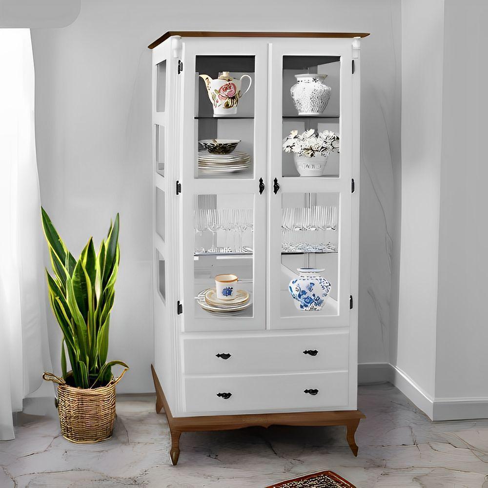 Cristaleira De Madeira Espelho 2 Portas 3 Prateleiras 2 Gavetas Pés Luiz Xv - Branco Laca Com Tampo E Base Imbuia Glazer - 1