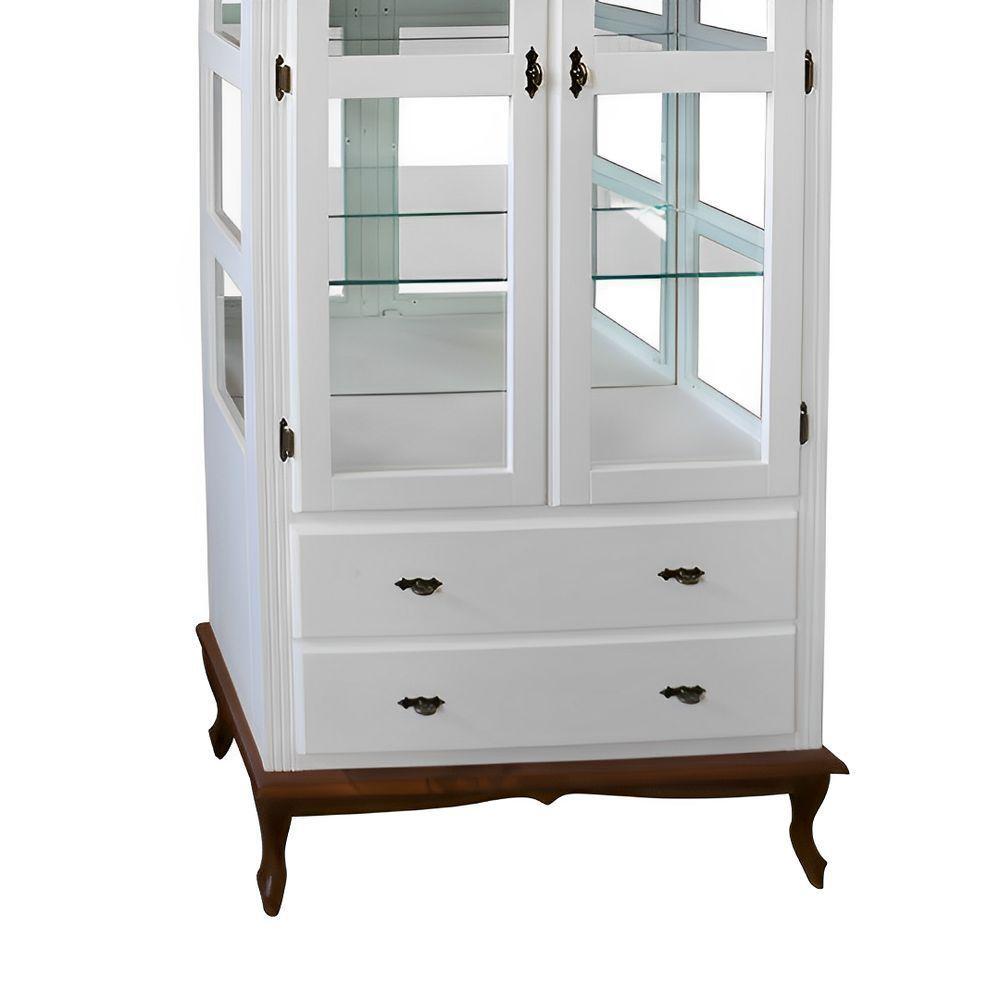 Cristaleira De Madeira Espelho 2 Portas 3 Prateleiras 2 Gavetas Pés Luiz Xv - Branco Laca Com Tampo E Base Imbuia Glazer - 4