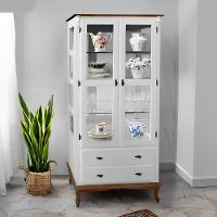 Cristaleira De Madeira Espelho 2 Portas 3 Prateleiras 2 Gavetas Pés Luiz Xv - Branco Laca Com Tampo E Base Imbuia Glazer - 1