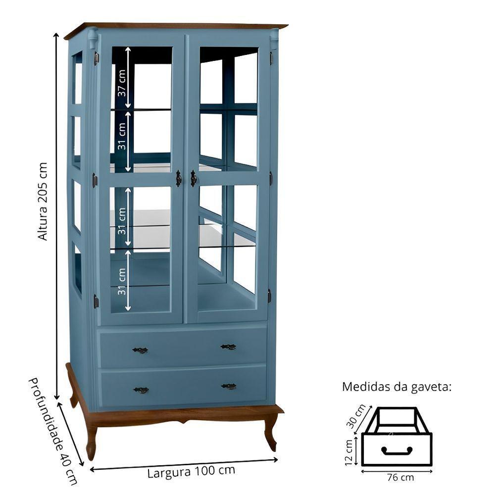 Cristaleira De Madeira Espelho 2 Portas 3 Prateleiras 2 Gavetas Pés Luiz Xv - Azul Céu Laca Com Tampo E Base Imbuia - 2