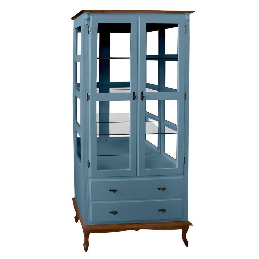 Cristaleira De Madeira Espelho 2 Portas 3 Prateleiras 2 Gavetas Pés Luiz Xv - Azul Céu Laca Com Tampo E Base Imbuia - 3