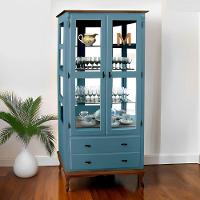 Cristaleira De Madeira Espelho 2 Portas 3 Prateleiras 2 Gavetas Pés Luiz Xv - Azul Céu Laca Com Tampo E Base Imbuia - 1