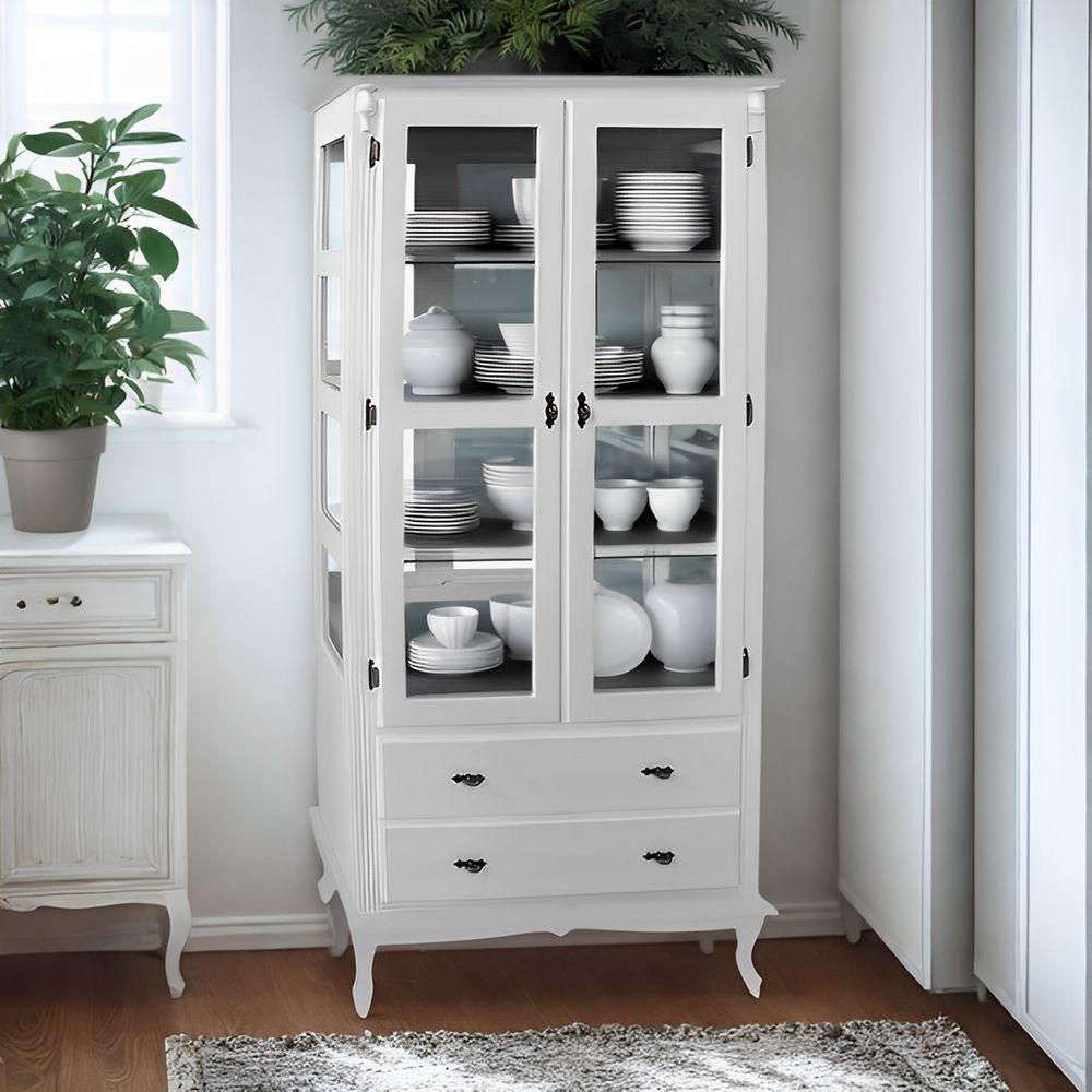 Cristaleira De Madeira Espelho 2 Portas 3 Prateleiras 2 Gavetas Pés Luiz Xv - Branco Laca - 1