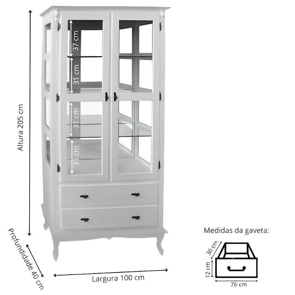 Cristaleira De Madeira Espelho 2 Portas 3 Prateleiras 2 Gavetas Pés Luiz Xv - Branco Laca - 5
