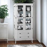 Cristaleira De Madeira Espelho 2 Portas 3 Prateleiras 2 Gavetas Pés Luiz Xv - Branco Laca - 1