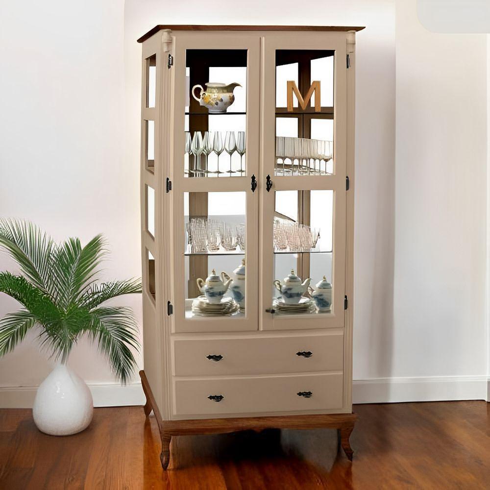 Cristaleira De Madeira Espelho 2 Portas 3 Prateleiras 2 Gavetas Pés Luiz Xv - Amêndoa Laca Com Tampo E Base Imbuia Glaze - 1