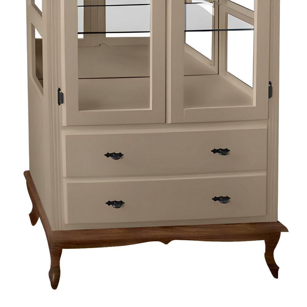 Cristaleira De Madeira Espelho 2 Portas 3 Prateleiras 2 Gavetas Pés Luiz Xv - Amêndoa Laca Com Tampo E Base Imbuia Glaze - 3