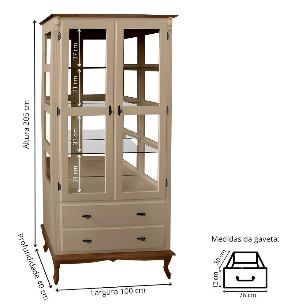 Cristaleira De Madeira Espelho 2 Portas 3 Prateleiras 2 Gavetas Pés Luiz Xv - Amêndoa Laca Com Tampo E Base Imbuia Glaze - 4