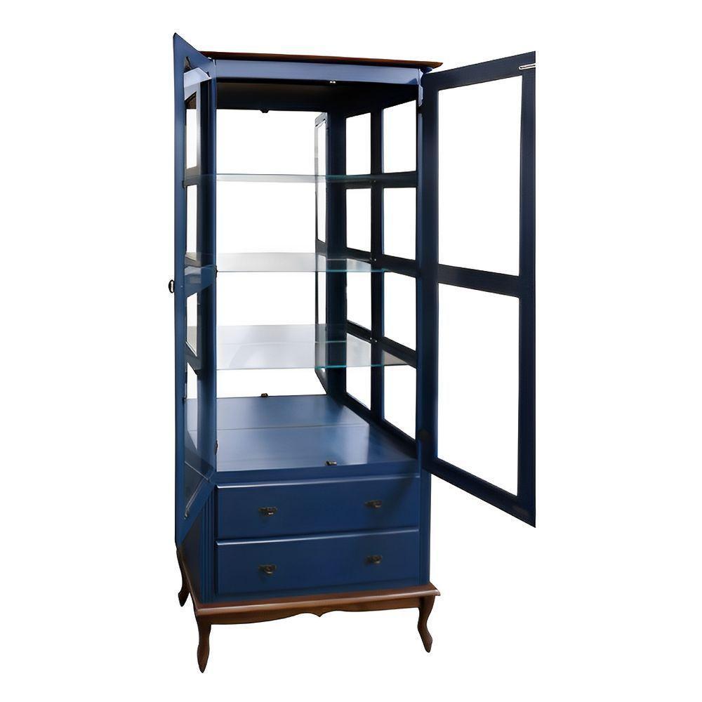 Cristaleira De Madeira Espelho 2 Portas 3 Prateleiras 2 Gavetas Pés Luiz Xv - Azul Bic Com Tampo E Base Imbuia Glazer - 3