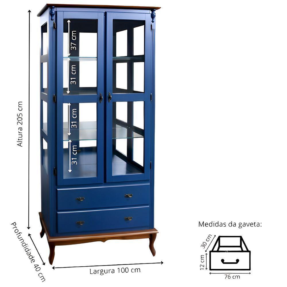 Cristaleira De Madeira Espelho 2 Portas 3 Prateleiras 2 Gavetas Pés Luiz Xv - Azul Bic Com Tampo E Base Imbuia Glazer - 4