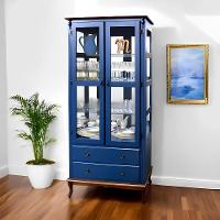 Cristaleira De Madeira Espelho 2 Portas 3 Prateleiras 2 Gavetas Pés Luiz Xv - Azul Bic Com Tampo E Base Imbuia Glazer - 1