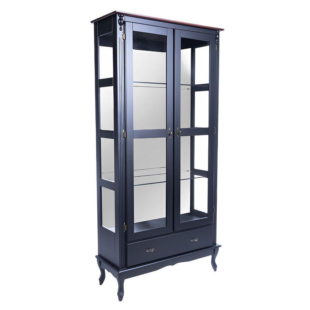 Cristaleira De Madeira Espelho 2 Portas 3 Prateleiras 1 Gaveta Pés Luiz Xv - Preto Laca Com Tampo Castanho Envelhecido - 2