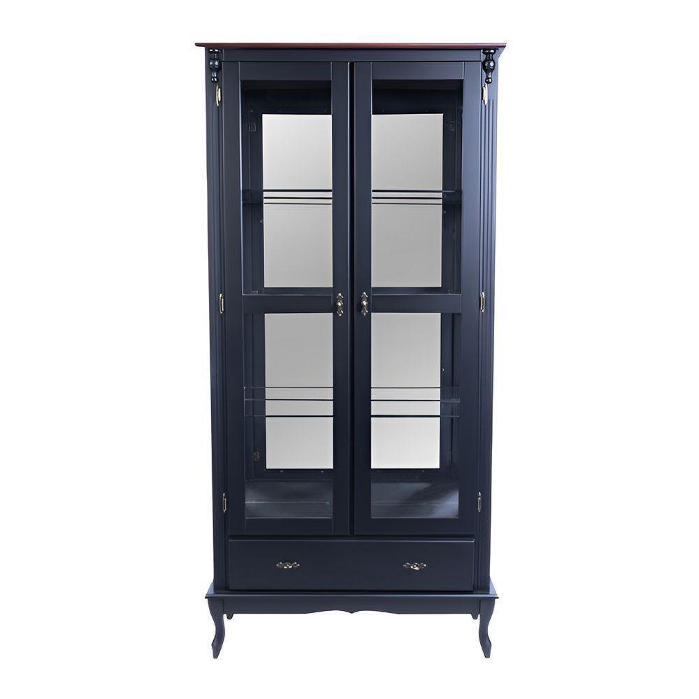 Cristaleira De Madeira Espelho 2 Portas 3 Prateleiras 1 Gaveta Pés Luiz Xv - Preto Laca Com Tampo Castanho Envelhecido - 3