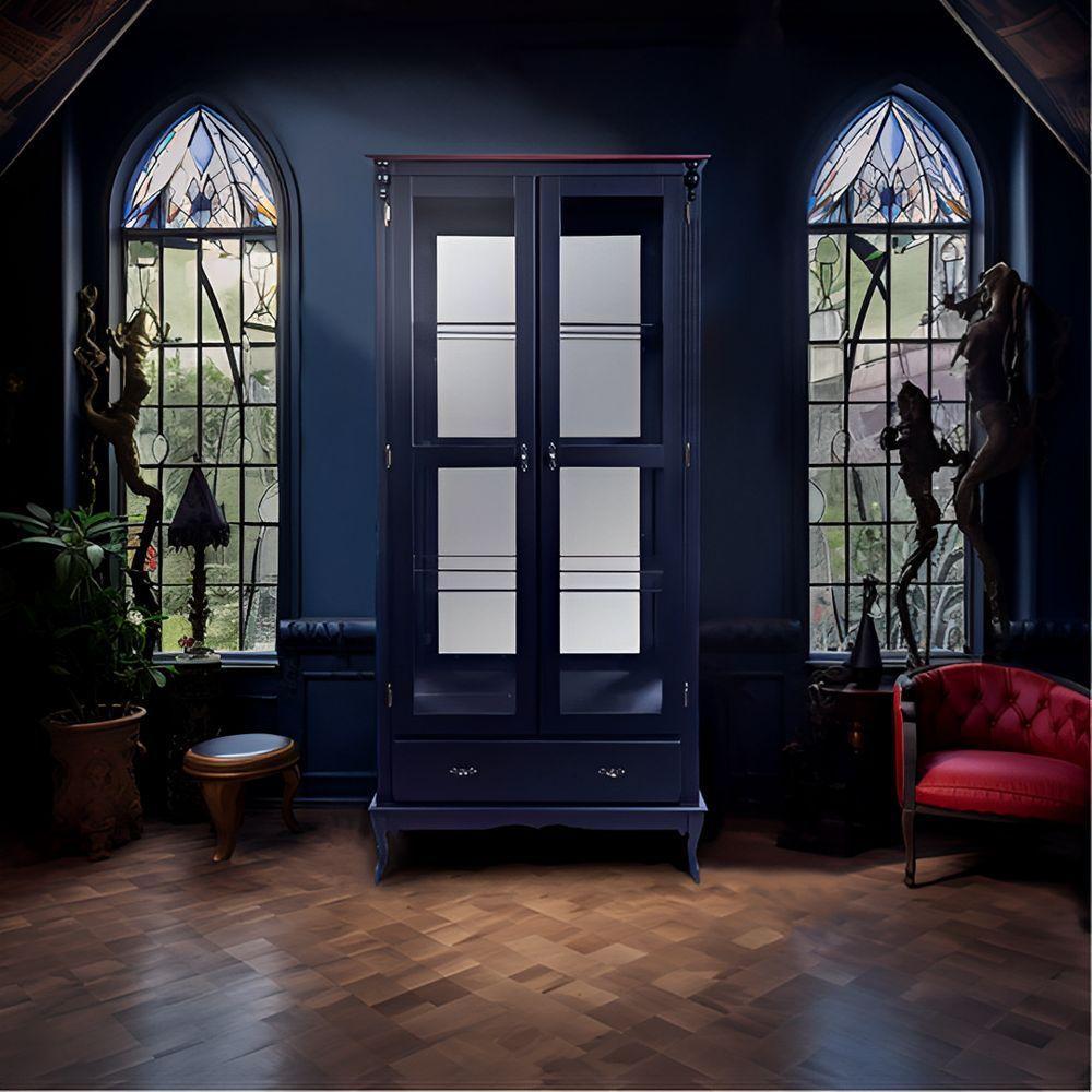 Cristaleira De Madeira Espelho 2 Portas 3 Prateleiras 1 Gaveta Pés Luiz Xv - Preto Laca Com Tampo Castanho Envelhecido - 6