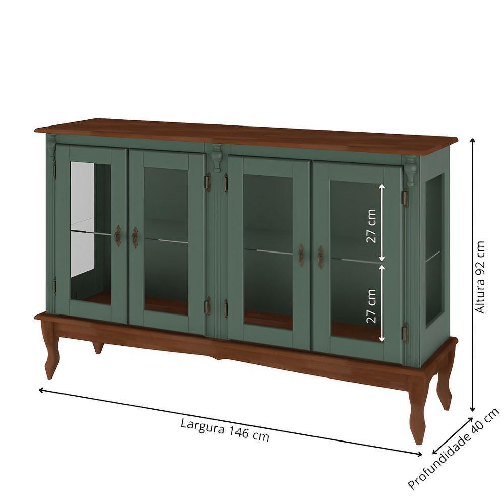 Cristaleira De Madeira 4 Portas, 1 Prateleira E Pés Luiz Xv - Verde Kalle Laca Com Tampo E Base Imbuia Glazer - 4