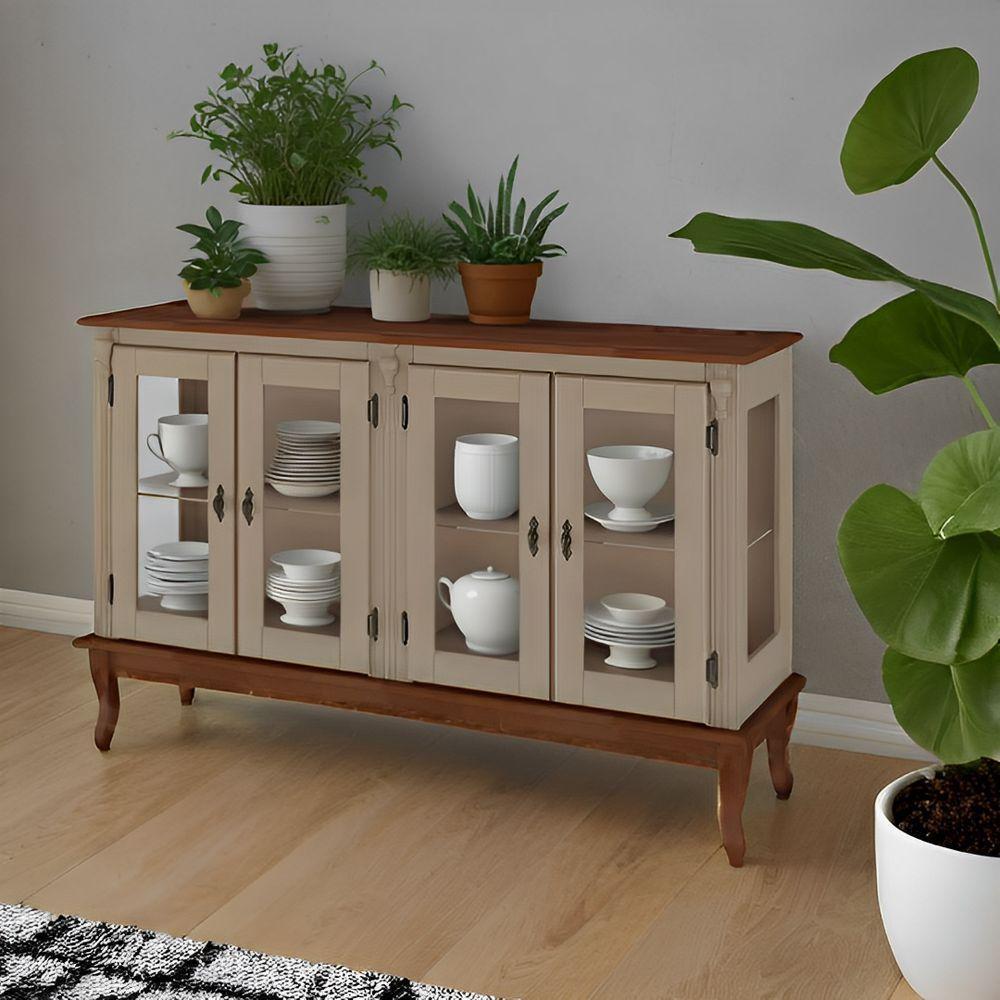 Cristaleira De Madeira 4 Portas, 1 Prateleira E Pés Luiz Xv - Amêndoa Laca Com Tampo E Base Imbuia Glazer - 1