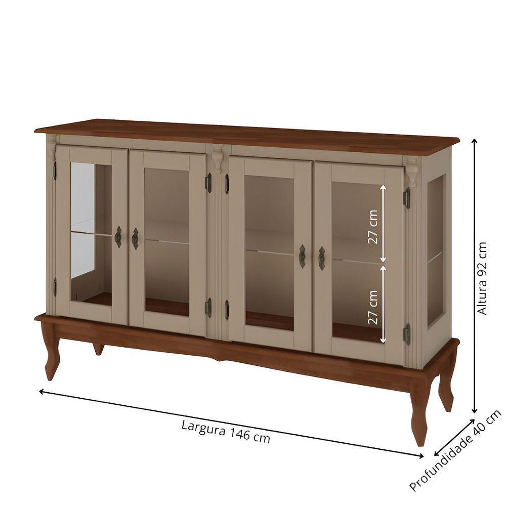 Cristaleira De Madeira 4 Portas, 1 Prateleira E Pés Luiz Xv - Amêndoa Laca Com Tampo E Base Imbuia Glazer - 4