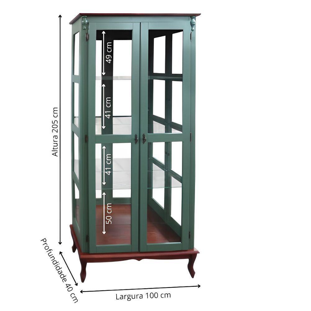 Cristaleira De Madeira 2 Portas E Espelho Pés Luíz Xv - Verde Kalle Com Tampo E Base Castanho Envelhecido - 3