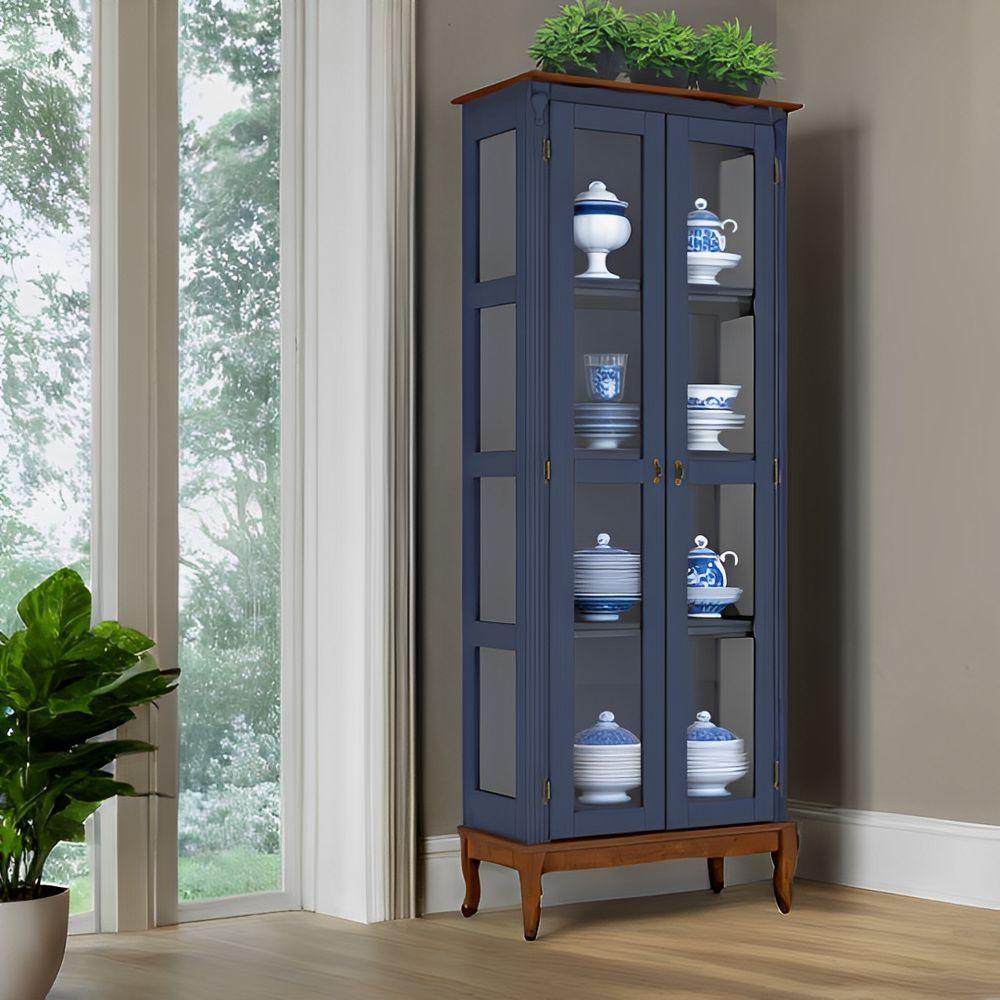 Cristaleira De Madeira 2 Portas Pés Luiz Xv - Azul Bic Laca Com Tampo E Base Imbuia Glazer - 1