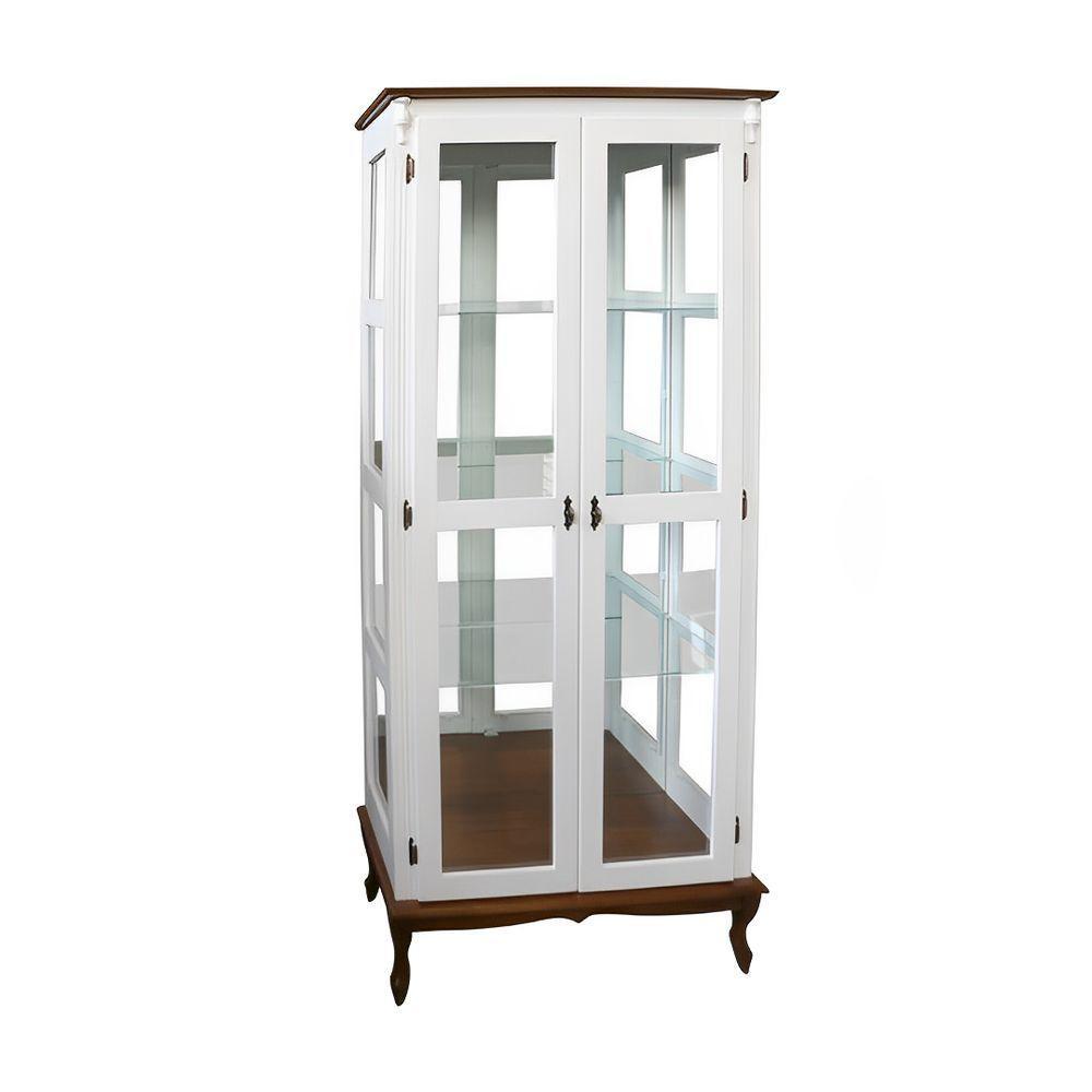 Cristaleira De Madeira 2 Portas E Espelho Pés Luíz Xv - Branco Laca Com Tampo E Base Imbuia Glazer - 1