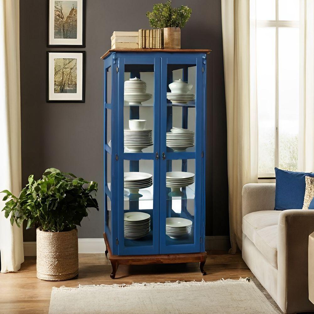 Cristaleira De Madeira 2 Portas E Espelho Pés Luíz Xv - Azul Bic Com Tampo E Base Imbuia Glazer - 1