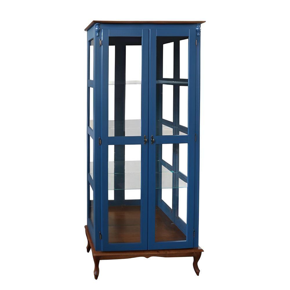 Cristaleira De Madeira 2 Portas E Espelho Pés Luíz Xv - Azul Bic Com Tampo E Base Imbuia Glazer - 2