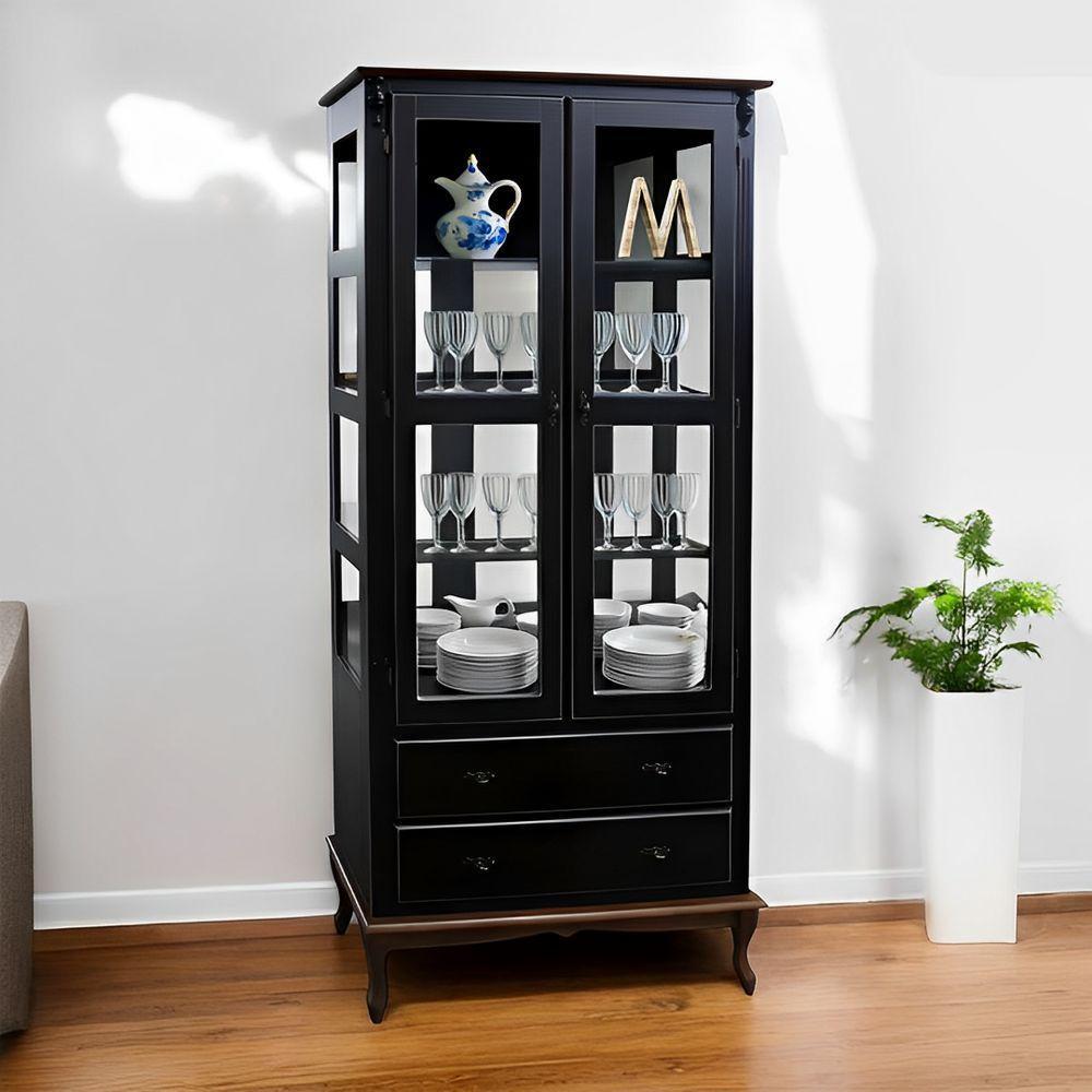 Cristaleira De Madeira 2 Portas 3 Prateleiras 2 Gavetas Pés Luiz Xv - Preto Laca Com Tampo E Base Castanho Envelhelido - 1