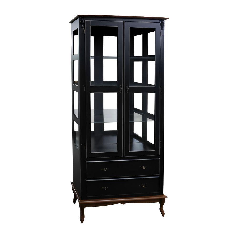 Cristaleira De Madeira 2 Portas 3 Prateleiras 2 Gavetas Pés Luiz Xv - Preto Laca Com Tampo E Base Castanho Envelhelido - 2