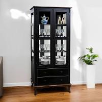 Cristaleira De Madeira 2 Portas 3 Prateleiras 2 Gavetas Pés Luiz Xv - Preto Laca Com Tampo E Base Castanho Envelhelido - 1