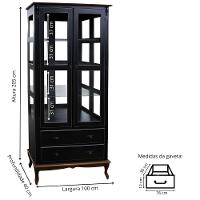 Cristaleira De Madeira 2 Portas 3 Prateleiras 2 Gavetas Pés Luiz Xv - Preto Laca Com Tampo E Base Castanho Envelhelido - 4