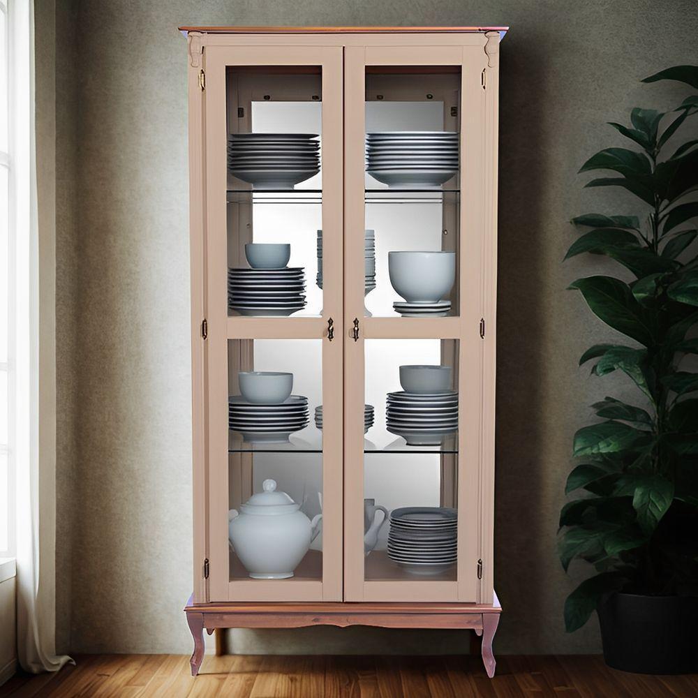 Cristaleira De Madeira 2 Portas E Espelho Pés Luíz Xv - Amêndoa Laca Com Tampo E Base Imbuia Glazer - 1