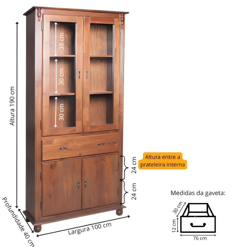Cristaleira De Madeira 2 Portas 3 Prateleiras 1 Gaveta Pés Torneados - Imbuia Glazer - 4