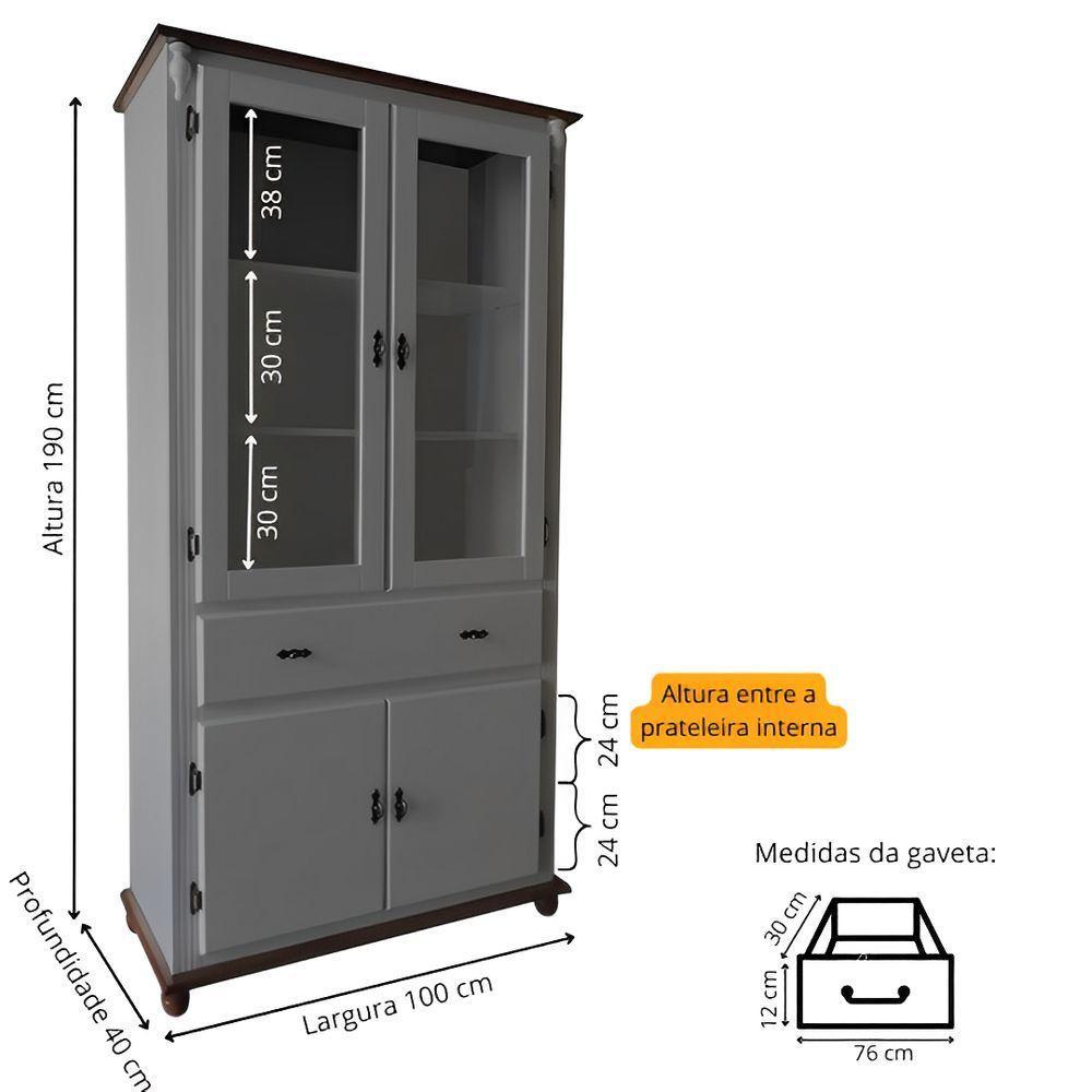 Cristaleira De Madeira 2 Portas 3 Prateleiras 1 Gaveta Pés Torneados - Cinza Laca Com Tampos E Base Imbuia Glazer - 2