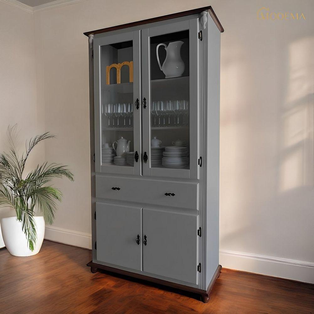 Cristaleira De Madeira 2 Portas 3 Prateleiras 1 Gaveta Pés Torneados - Cinza Laca Com Tampos E Base Imbuia Glazer - 3