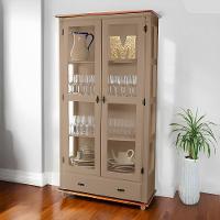 Cristaleira De Madeira 2 Portas 1 Gaveta 3 Prateleiras Pés Torneados - Amêndoa Laca Com Tampo E Base Imbuia Glazer - 1