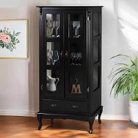 Cristaleira De Madeira 2 Portas 1 Gaveta 2 Prateleiras Pés Luiz Xv - Preto Laca - 1