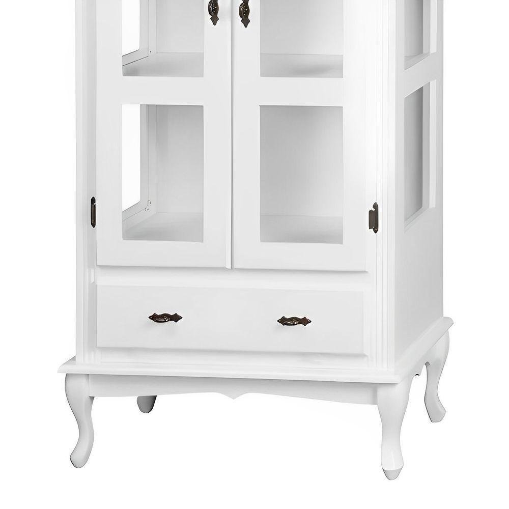 Cristaleira De Madeira 2 Portas 1 Gaveta 2 Prateleiras Pés Luiz Xv - Branco Laca - 3